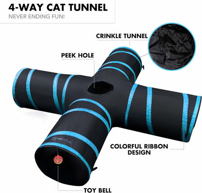 - 4 Way Cat Tunnel and Crinkle Cat Toy - Interactive Cat Toy with Cat Ball - Cat Supplies for Indoor Cats - Suitable for Ferrets, Rabbits or Small Dogs - Light Blue - XL