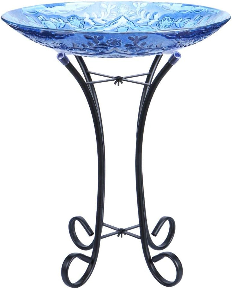 Outdoor Glass Birdbath with Metal Stand for Lawn Yard Garden Decor,18” Dia/21.65 Height