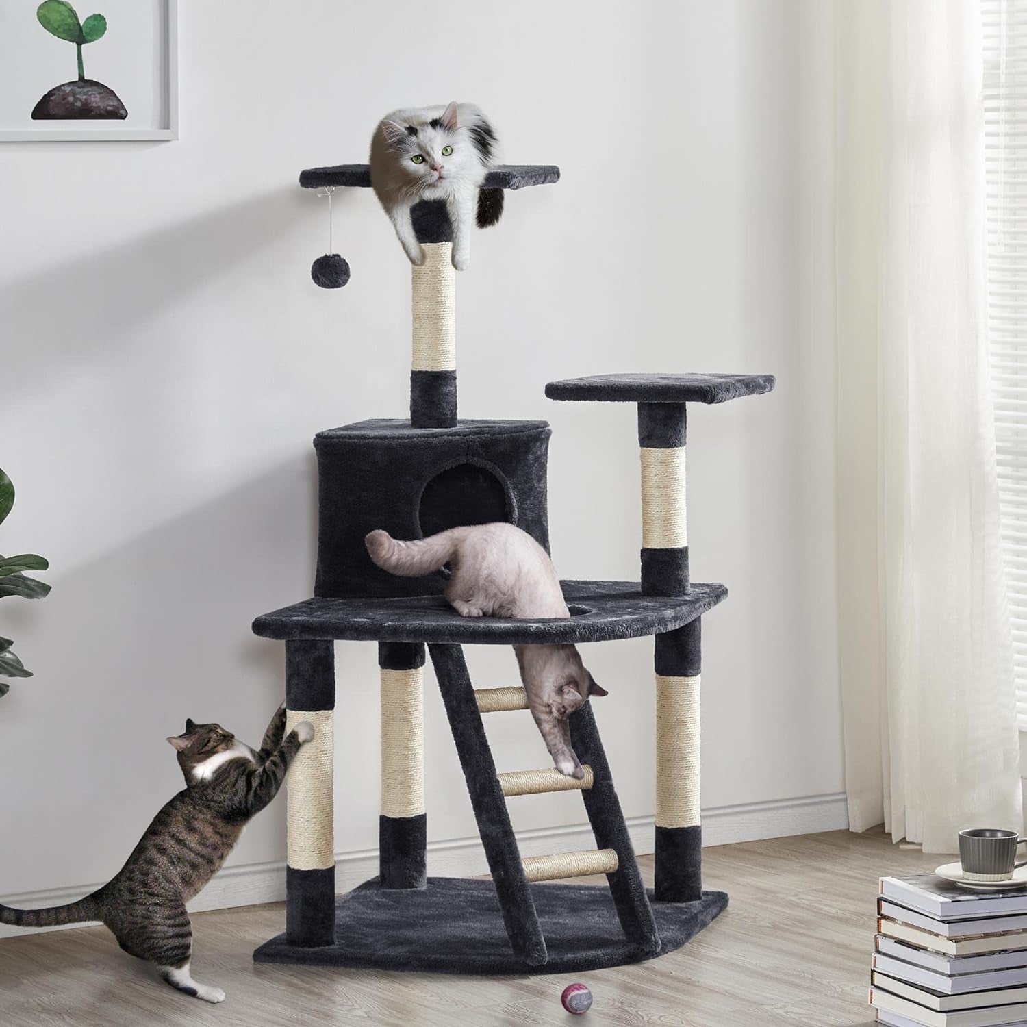 47.5'' H Cat Tree Cat Tower, Cat Scratching Post with Warm Condo Cozy Platform Funny Dangling Ball as Indoor Cats Activity Center for Play & Rest