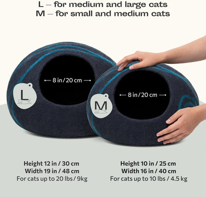 Cat Cave – Premium Felt Cat Bed for Indoor Cats, Handmade 100% Merino Wool (Dark Shades) (Large, Black Aqua)