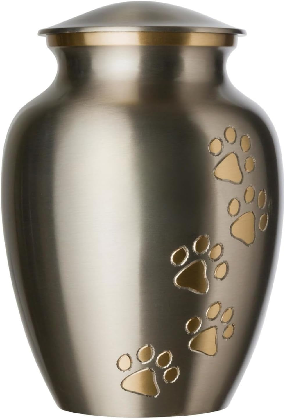 Pet Urn - Ottillie Paws Legacy Memorial Pet Cremation Urns for Dogs and Cats Ashes Hand Carved Brass Memory Keepsake Urn (Pewter, Vertical, Brass, Small)