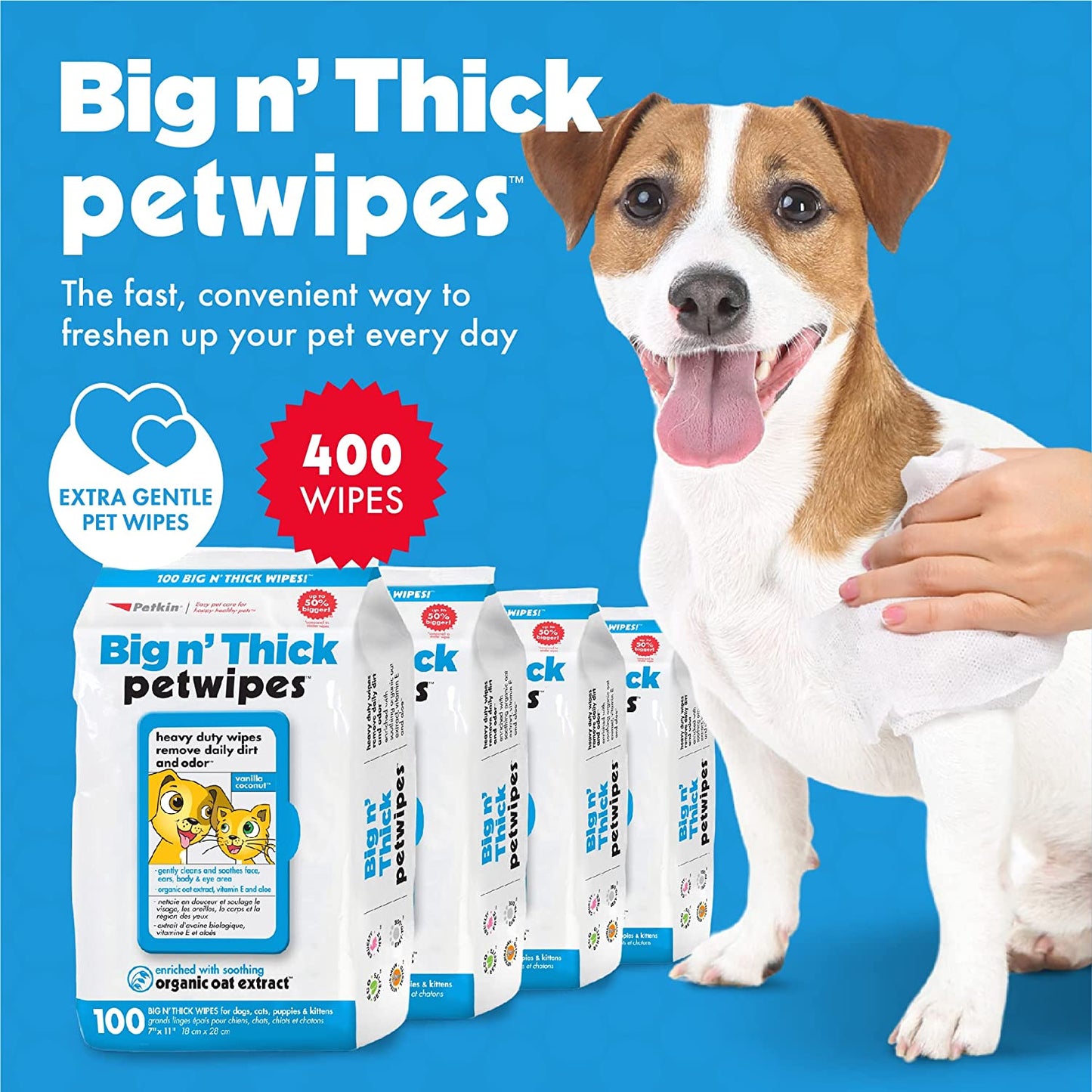 Pet Wipes for Dogs and Cats, 400 Wipes - Large Pet Wipes for Dogs and Cats - Cleans Ears, Face, Butt, Body and Eye Area - Convenient, Ideal for Home or Travel - 4 Packs of 100 Wipes