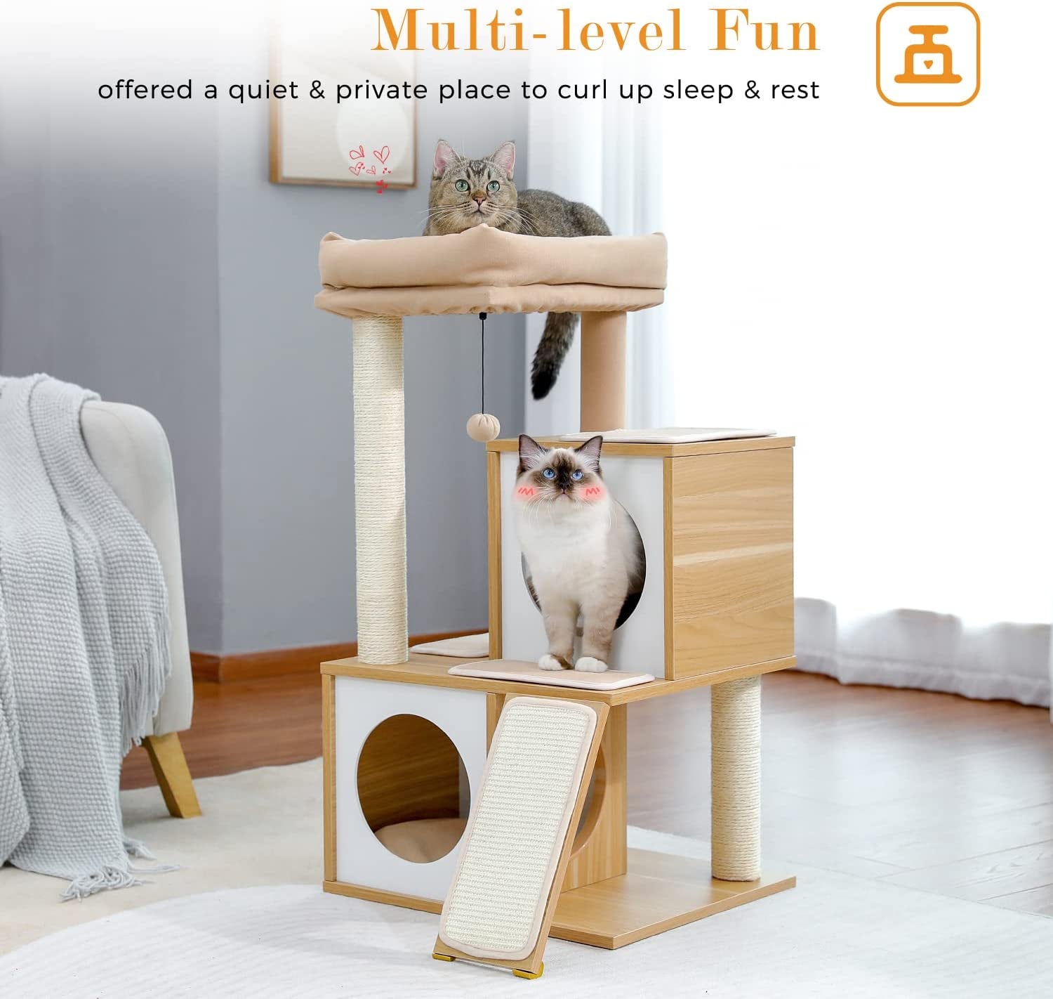 Cat Tree 35 Inches Wooden Cat Tower with Double Condos, Spacious Perch, Fully Wrapped Scratching Sisal Posts and Replaceable Dangling Balls-Walnut