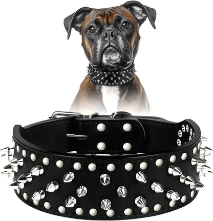 Dog Collar Leather Studded Collar with Spikes for Large Medium Dogs,2" Width(Black,S)