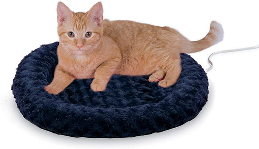 Bolster Heated Cat Bed for Indoor Cats, Thermo-Kitty Fashion Splash Orthopedic Foam Heated Pet Bed for Cats or Dogs, Waterproof Pet Heater, Safety Listed Small 18In round Blue