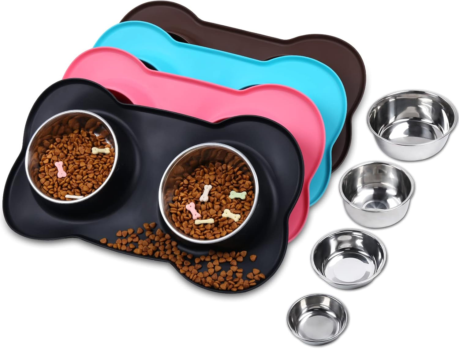 Dog Bowls, Dog Food Bowls, Stainless Steel Cat Puppy Water Bowls with Non Spill Skid Resistant Silicone Mat, Large, Black