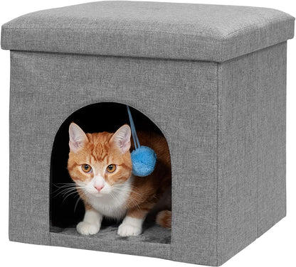 Pet House for Indoor Cats & Small Dogs, Collapsible & Foldable W/ Plush Ball Toy - Living Room Footstool Cat Condo - Stormy Gray, Small