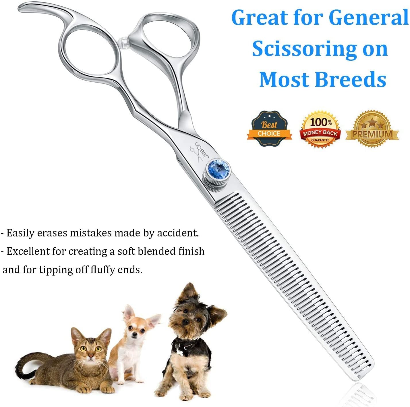 7" 50 Teeth Thinning Dog Grooming Blending Scissor, Ergonomic Pet Grooming Thinner Blender Shears Cat Trimming Texturizing Kit with Offset Handle and a Jewelled Screw, 30% Thinning Rate