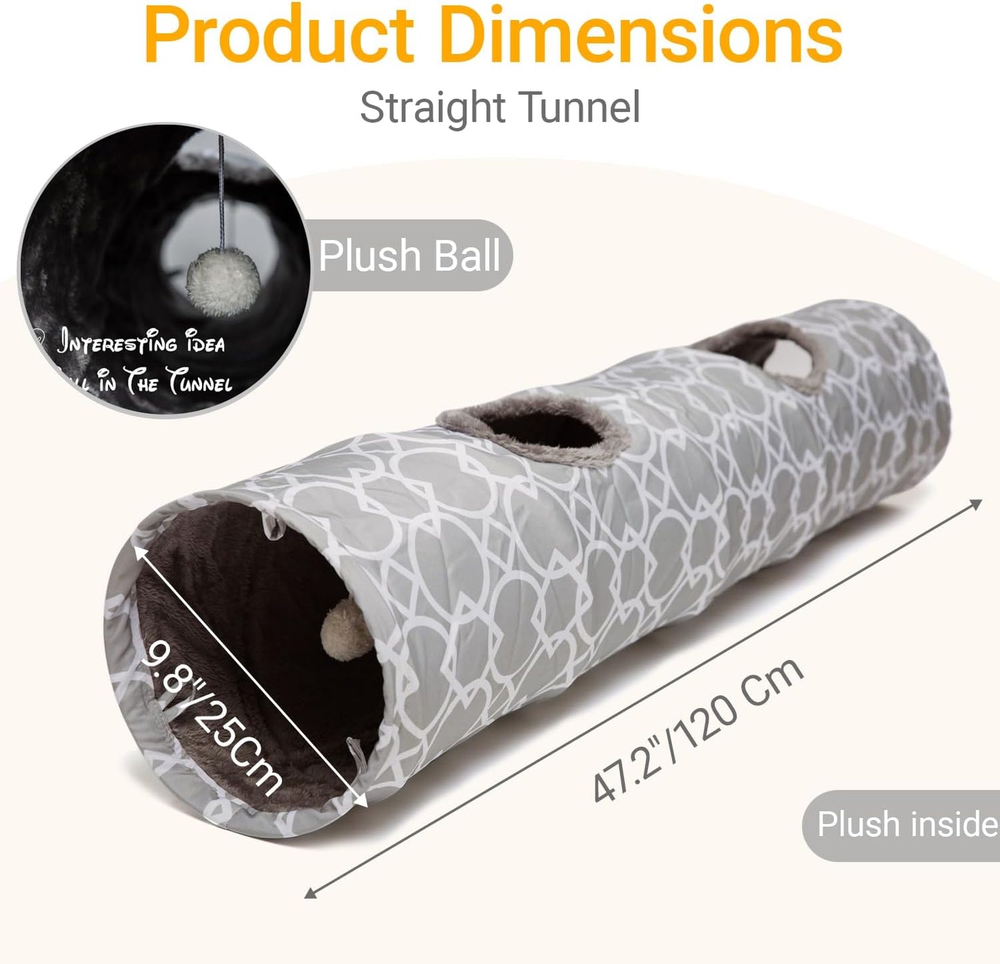 Geometric Straight Cat Tunnel with Plush Inside,Cats Toys Collapsible Tunnel Tube with Balls, for Rabbits, Kittens, Ferrets,Puppy, Diameter 9.8 Inch