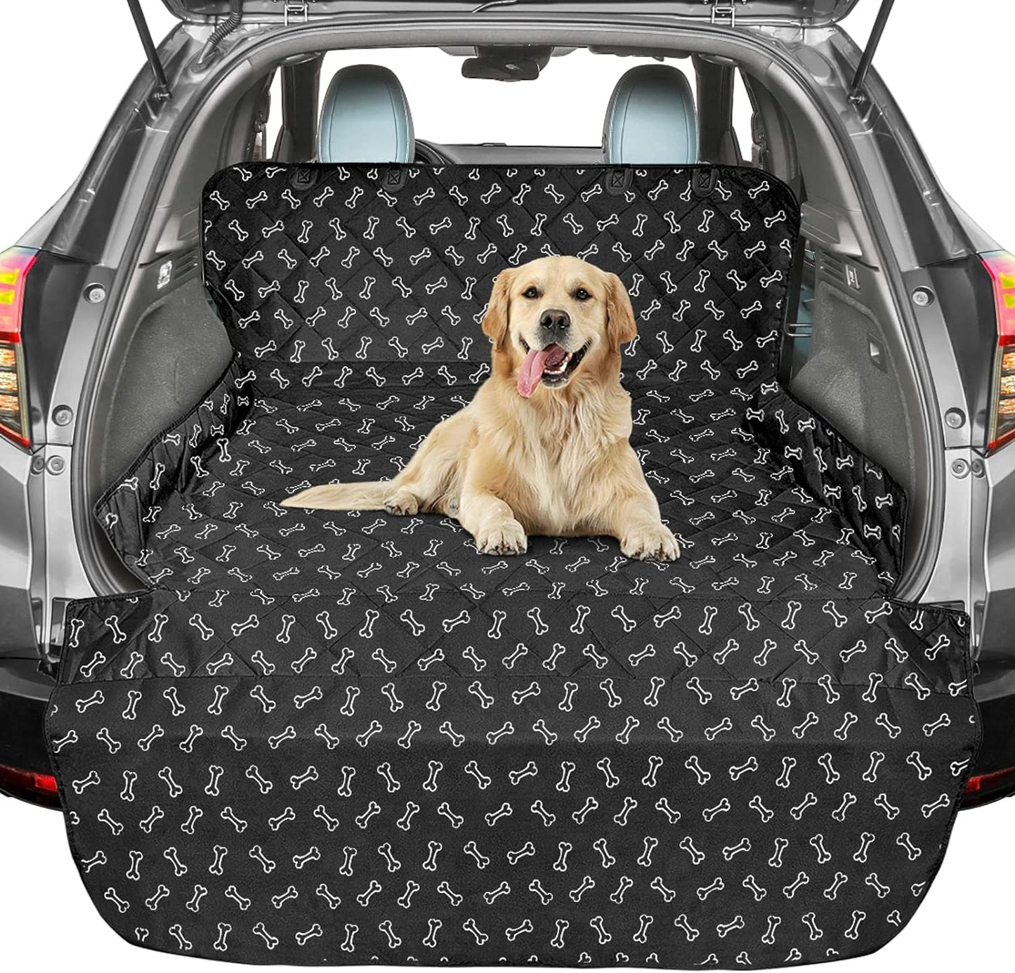 SUV Cargo Liner for Dogs, Water Resistant Pet Cargo Cover Dog Seat Cover Mat for Suvs Sedans Vans with Bumper Flap Protector, Non-Slip, Large Size Universal Fit, Bone