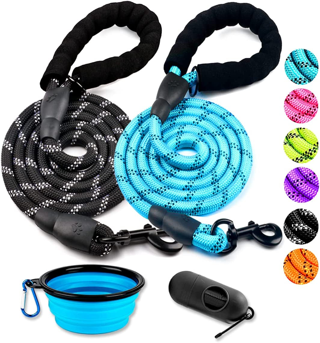 2 Pack Dog Leash 5 FT Heavy Duty - Comfortable Padded Handle - Reflective Dog Leash for Medium Large Dogs with Collapsible Pet Bowl