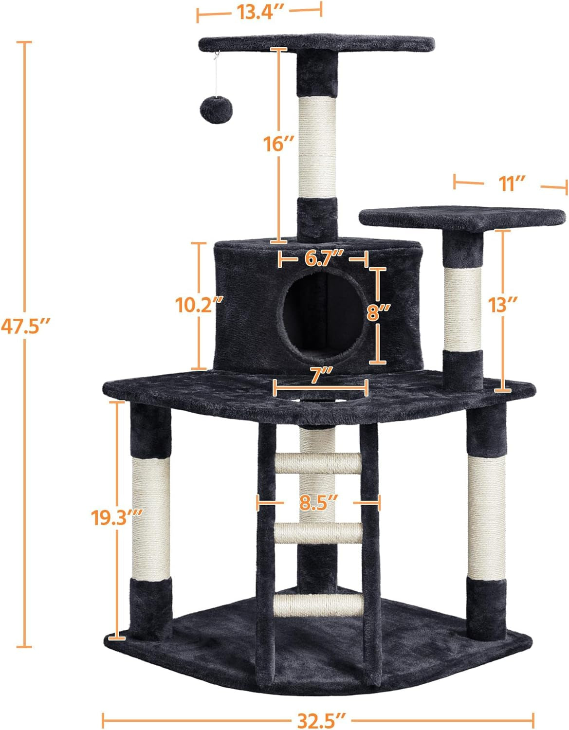 47.5'' H Cat Tree Cat Tower, Cat Scratching Post with Warm Condo Cozy Platform Funny Dangling Ball as Indoor Cats Activity Center for Play & Rest