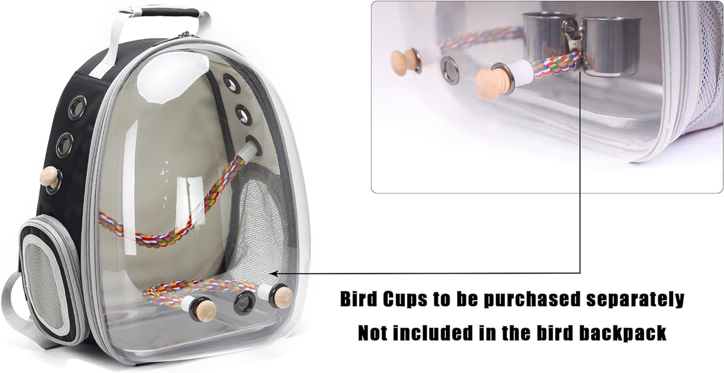 Bird Traval Carrier Cage, Clear Space Capsule Astronaut Backpack to Carry Parakeet Cockatiel Parrot with Metal Tray Wood Perch, Vet Transport School Bag