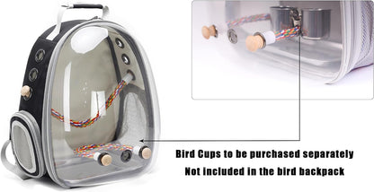 Bird Traval Carrier Cage, Clear Space Capsule Astronaut Backpack to Carry Parakeet Cockatiel Parrot with Metal Tray Wood Perch, Vet Transport School Bag