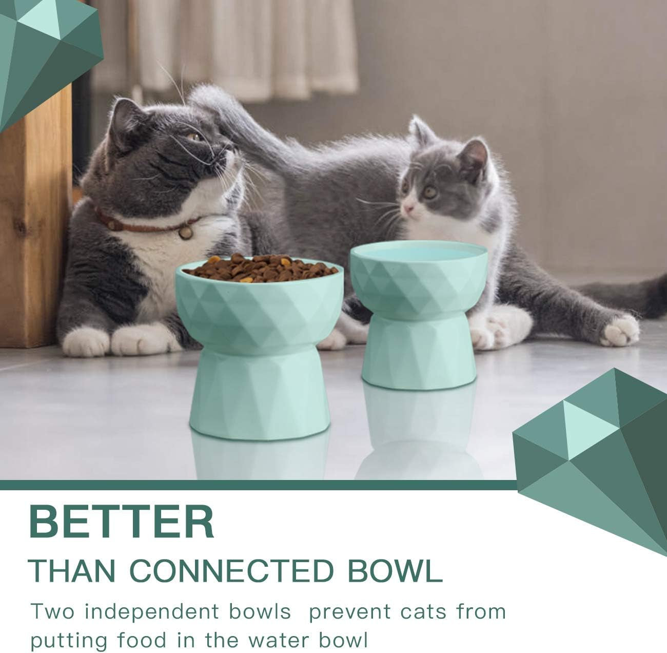 Cat Bowls,Ceramic Cat Bowls anti Vomiting,Raised-Cat Food and Water Bowl Set for Cats and Small Dogs,13.5 Oz,Green