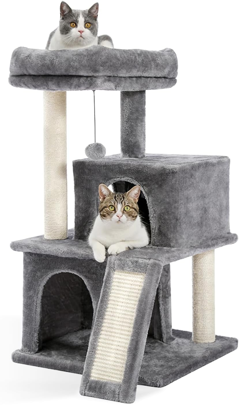 34 Inches Cat Tree Multilevel Cat Tower with Double Condos, Spacious Perch, Fully Wrapped Scratching Sisal Post and Replaceable Dangling Balls Gray