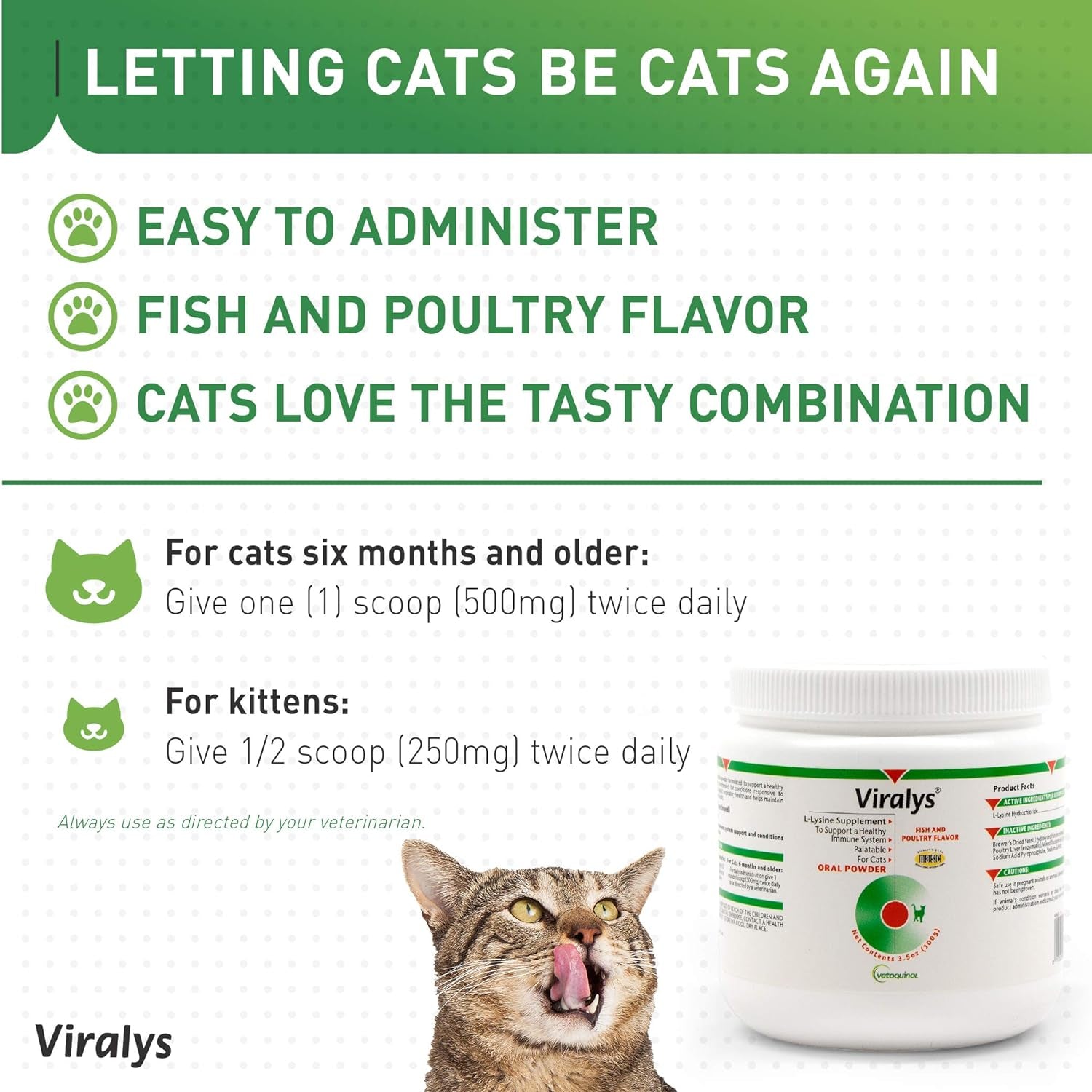 Viralys L-Lysine Supplement for Cats - Cats & Kittens of All Ages - Immune Health - Sneezing, Runny Nose, Squinting, Watery Eyes - Flavored Lysine Powder