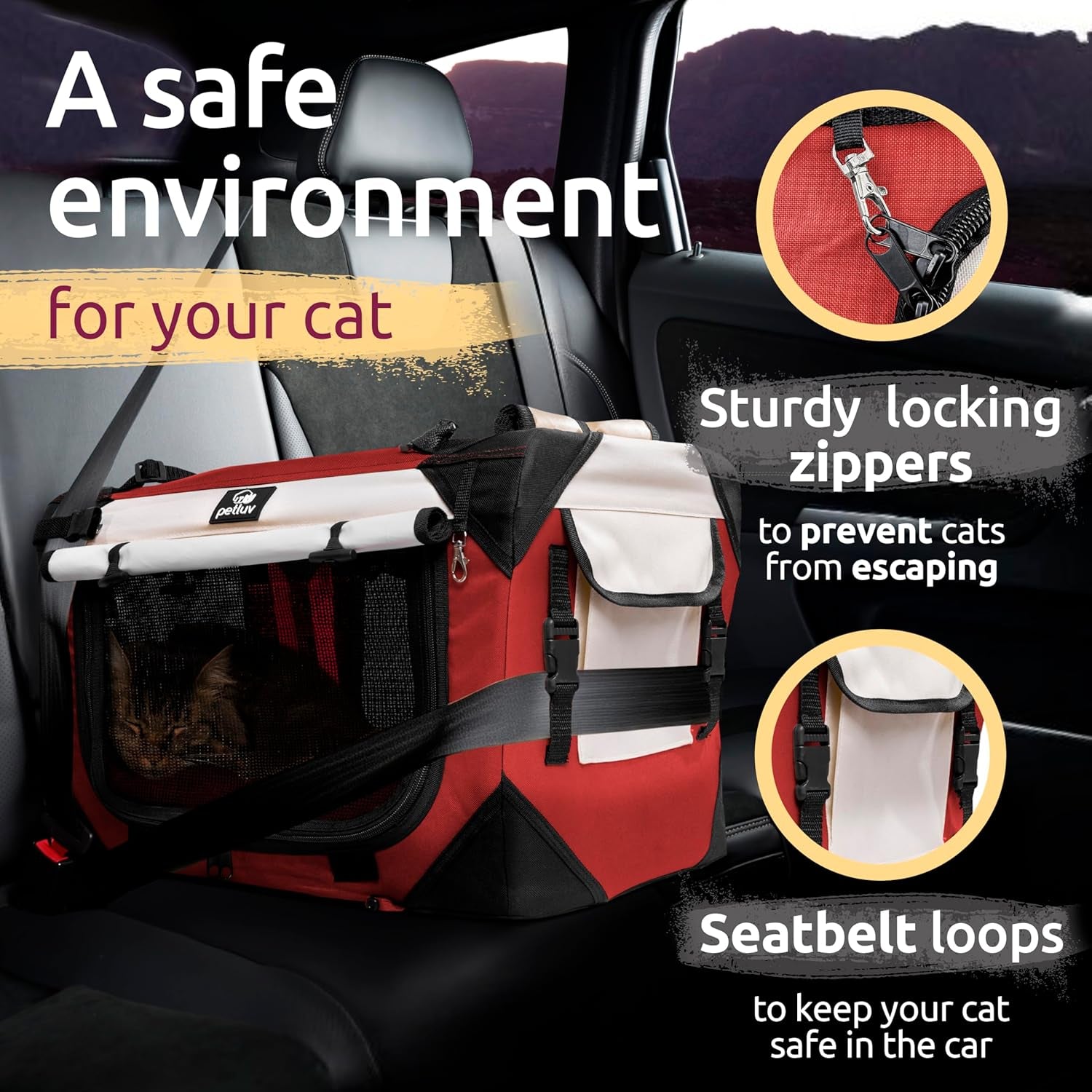 Large Cat & Dog Carrier for 2 Cats or Medium Dogs, Soft-Sided, Collapsible with Locking Zippers, Portable Travel Bag with Soft Bed, Red