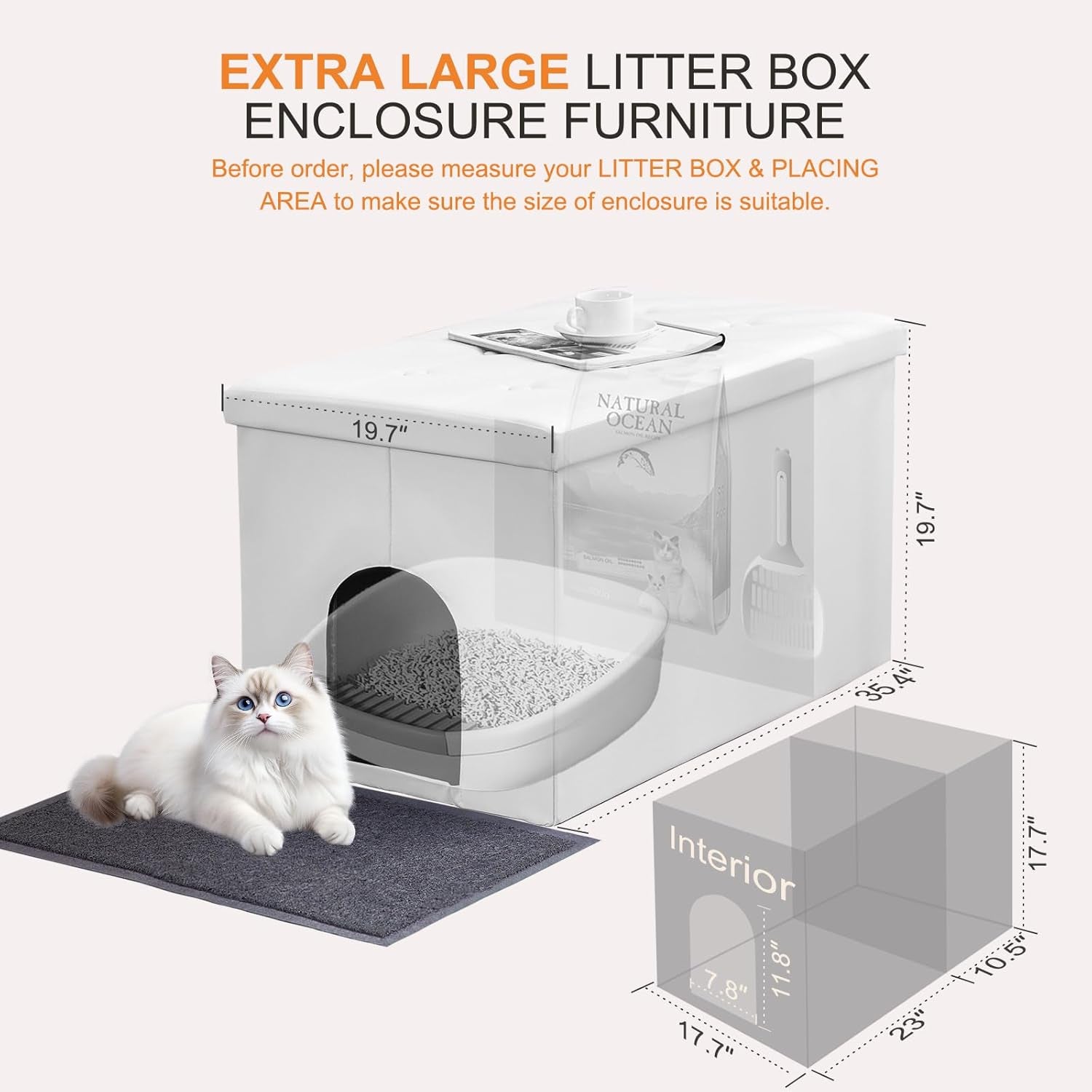 Cat Litter Box Enclosure Furniture Hidden, Cat Washroom Bench Storage Cabinet | Extra Large 35.4'' X 19.7'' X 19.7''| Dog Proof | Waterproof Inside/Easy Clean | Easy Assembly | Odor Control