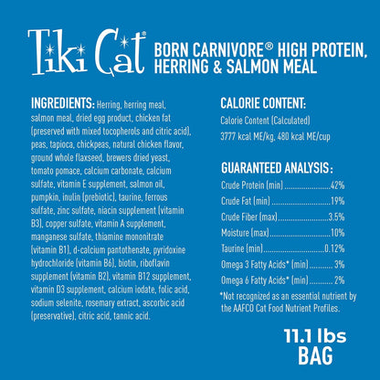 Tiki Cat Born Carnivore High Protein, Herring & Salmon Meal, Grain-Free Baked Kibble to Maximize Nutrients, Dry Cat Food, 11.1 Lbs. Bag