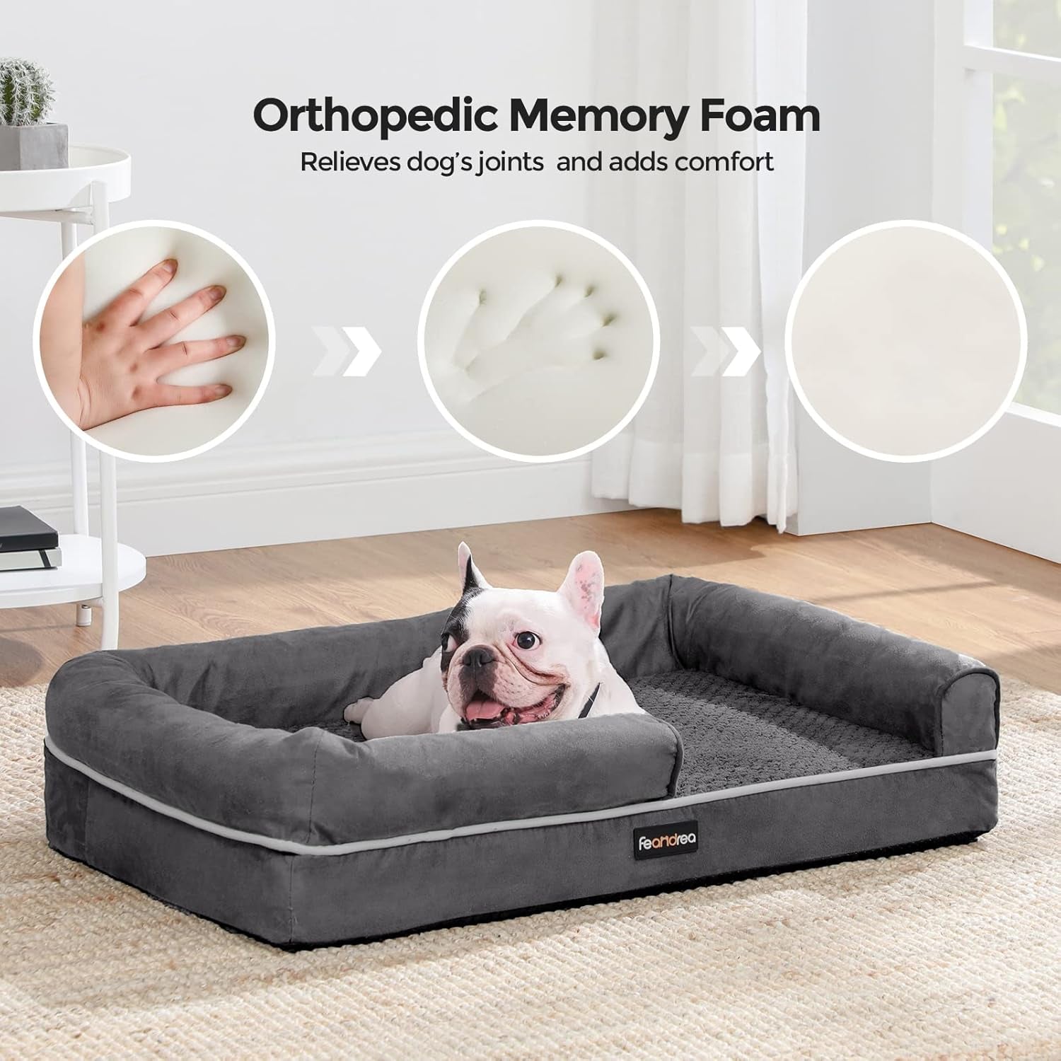 Dog Bed, Orthopedic Dog Sofa, Memory Foam Dog Mat, Removable Cover, Waterproof, Machine Washable, Anti-Slip, Raised Edges, 30 X 19 X 7 Inches, Dark Gray UPGW066G01