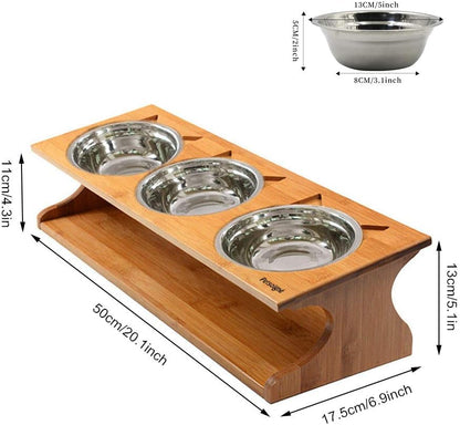 Cat Bowls Pet Dining Table with Raised Slope Wooden Stand Elevated Pet Bowls with Oblique Stand for Cats, Dogs, Kitten and Puppy (3 Bowls, Steel)