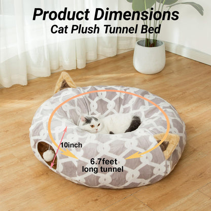 Large Cat Tunnel Bed with Plush Cover,Fluffy Toy Balls, Small Cushion and Flexible Design- 10 Inch Diameter, 3 Ft Length- Great for Cats, and Small Dogs, Gray Geometric Figure