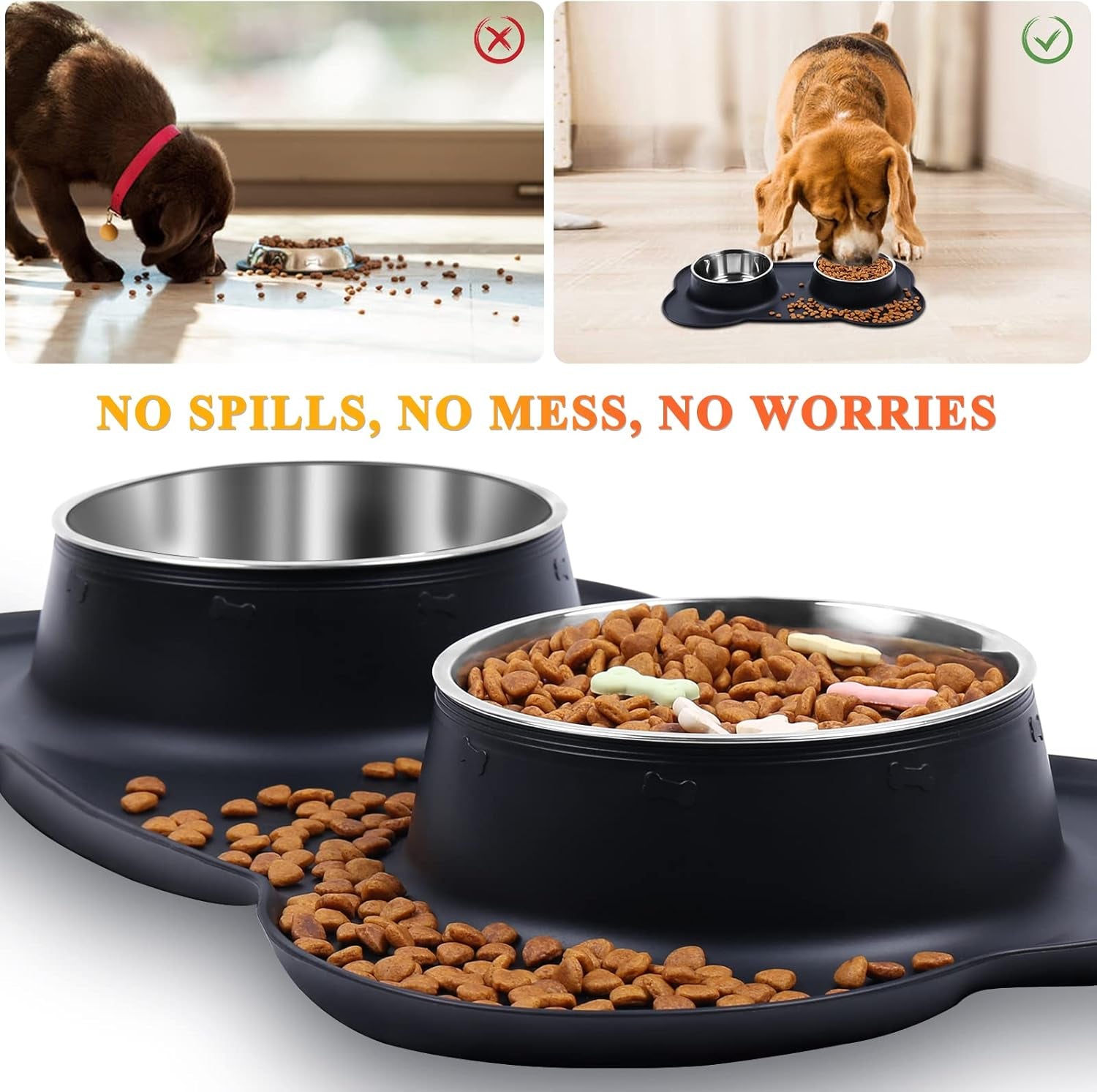 Dog Bowls, Dog Food Bowls, Stainless Steel Cat Puppy Water Bowls with Non Spill Skid Resistant Silicone Mat, Large, Black