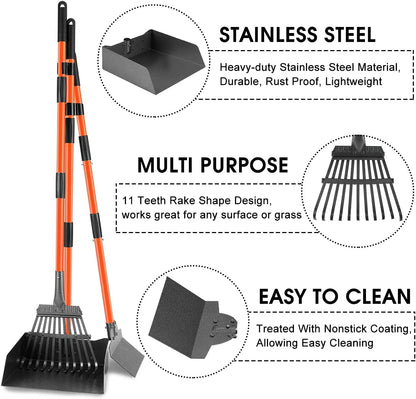 Pooper Scooper, Detachable Long Handle Large Dog Poop Scooper with Metal Rake, Tray & Spade, Durable Easy Pick up Pooper Scooper for Large Medium Small Dogs, Great for Lawn, Grass, Gravel