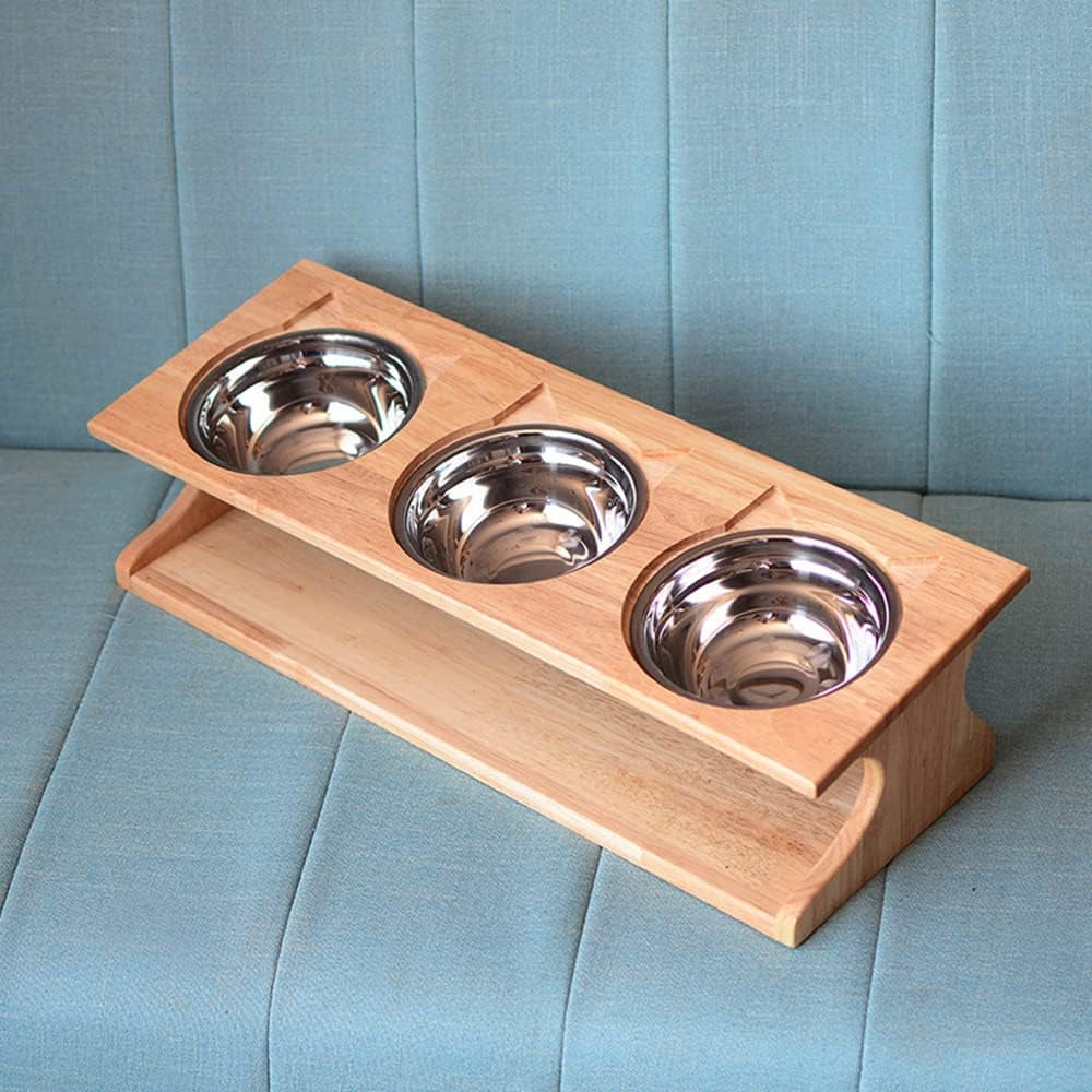 Cat Bowls Pet Dining Table with Raised Slope Wooden Stand Elevated Pet Bowls with Oblique Stand for Cats, Dogs, Kitten and Puppy (3 Bowls, Steel)