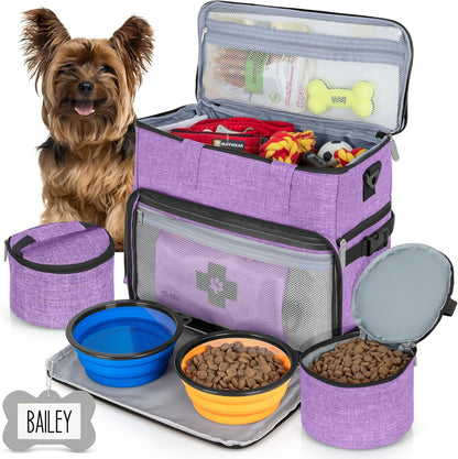 Dog Travel Bag Airline Approved Travel Set for Dog and Cat Tote Organizer with Multi Function Pockets, 2 Food Containers and Collapsible Bowls, Weekend Away Dog Bag for Travel Accessories - Purple