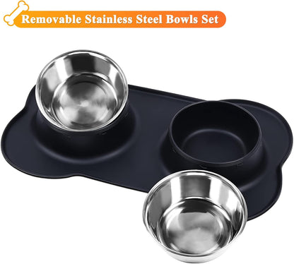 Dog Bowls, Dog Food Bowls, Stainless Steel Cat Puppy Water Bowls with Non Spill Skid Resistant Silicone Mat, Large, Black