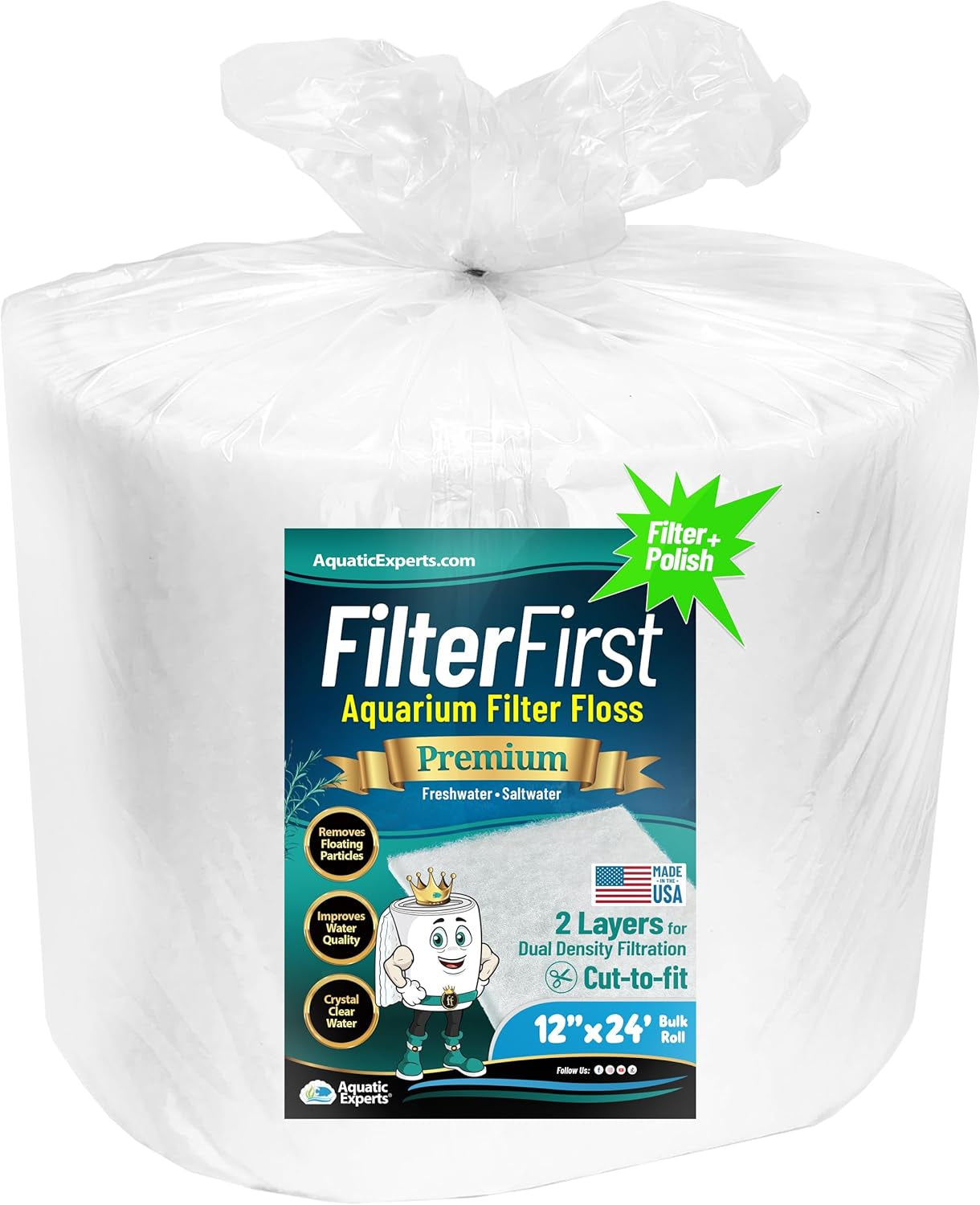 Aquarium Filter Floss for Fish Tank Filters - Filterfirst Aquarium Filter Pad - Media Roll for Crystal Clear Water, 3/4" - 1" Thick (12 Inch Wide, 24 Feet Long)