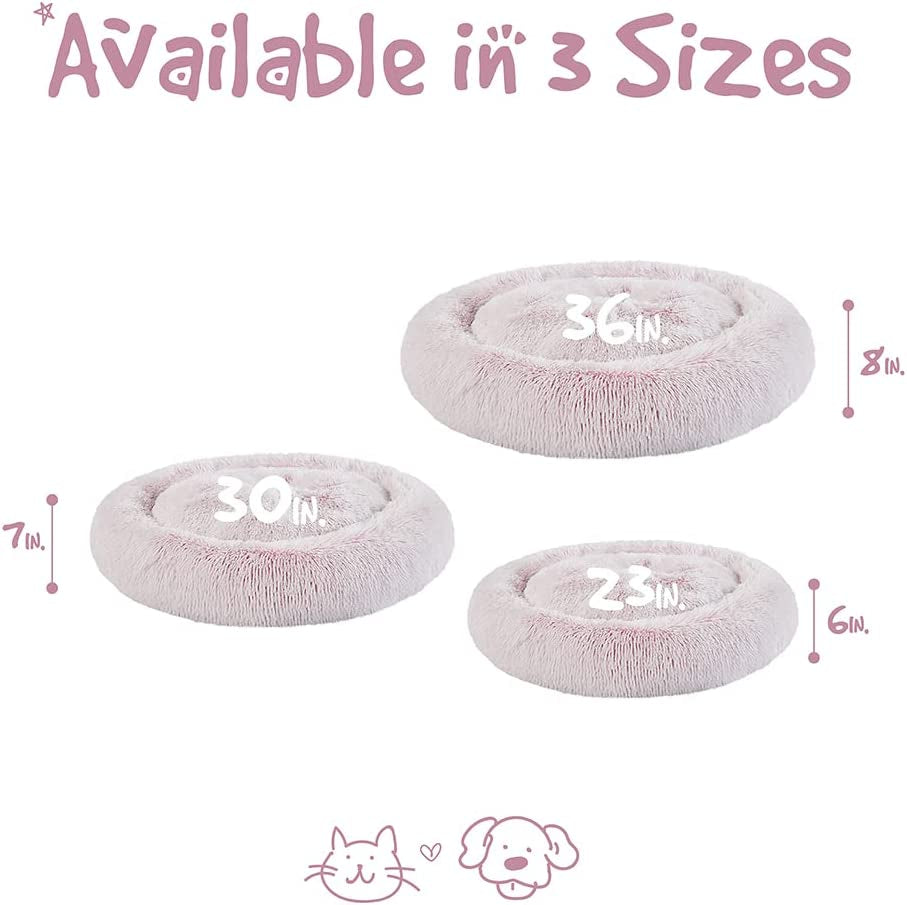 Donut Dog Bed Faux Fur Fluffy Calming Sofa for Medium Dogs, Soft & Plush anti Anxiety Pet Couch for Dogs, Machine Washable Coco Pet Bed with Non-Slip Bottom, 30"X30"X7" Pink