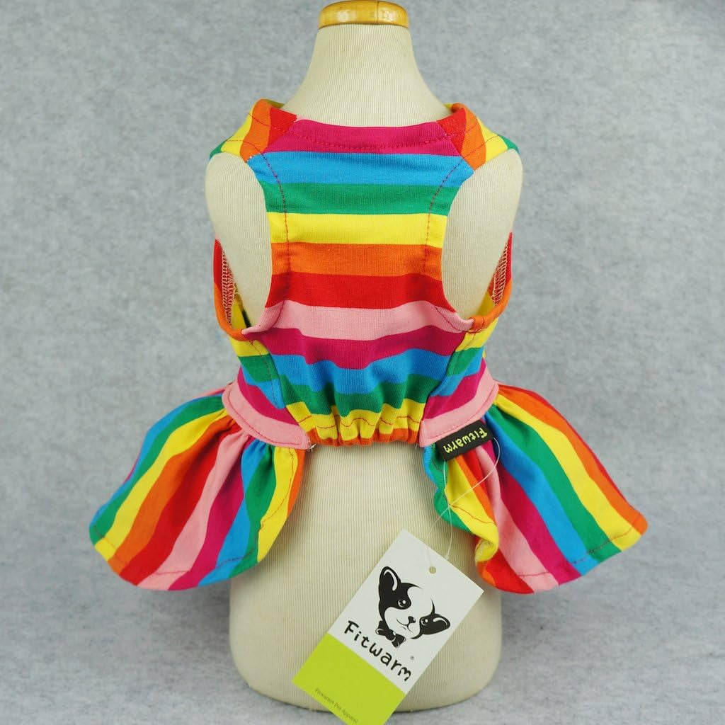 Rainbow Striped Dog Dress, Summer Dog Clothes for Small Dogs Girl, Pet Cat Outfit, 100% Breathable Cotton, Red Yellow Blue, Small