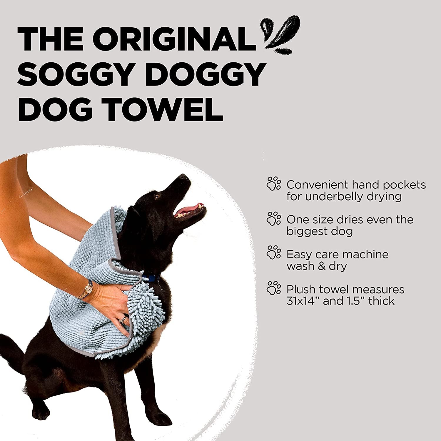 Soggy Doggy Super Shammy Dog Towel, Washable Microfiber Dog Towels for Drying Dogs and Cleaning Paws, Fast-Drying Dog Bath Towel with Hand Pockets, Gray/Gray Trim, 31 X 14 Inches