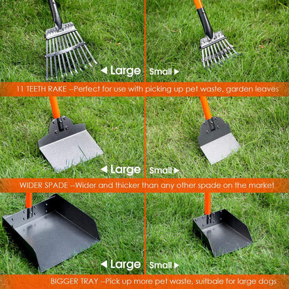 Pooper Scooper, Detachable Long Handle Large Dog Poop Scooper with Metal Rake, Tray & Spade, Durable Easy Pick up Pooper Scooper for Large Medium Small Dogs, Great for Lawn, Grass, Gravel