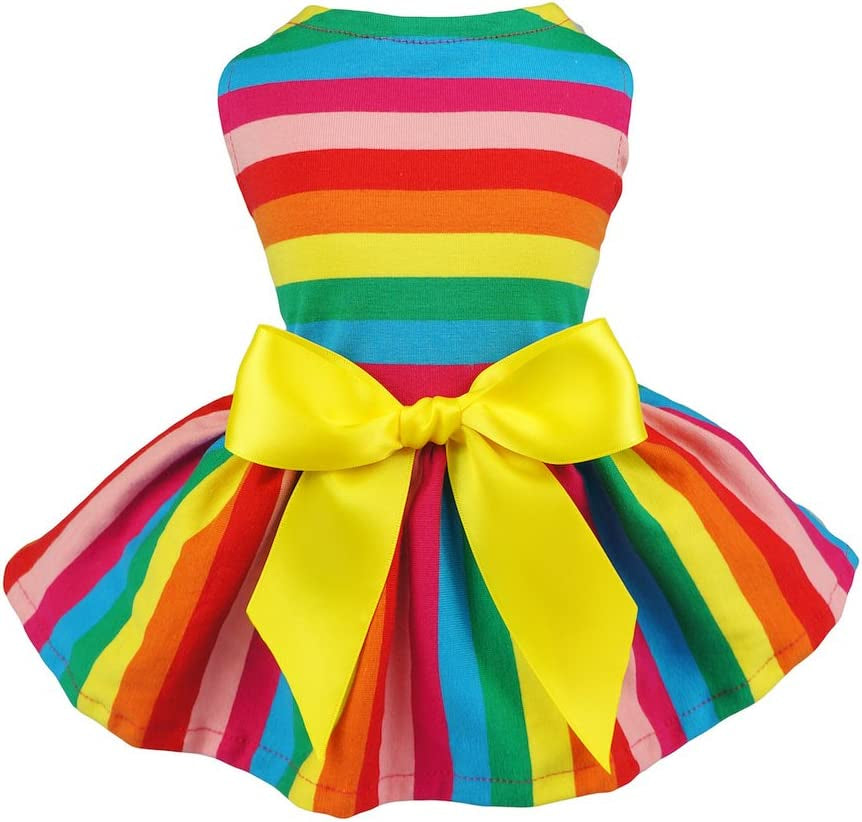 Rainbow Striped Dog Dress, Summer Dog Clothes for Small Dogs Girl, Pet Cat Outfit, 100% Breathable Cotton, Red Yellow Blue, Small