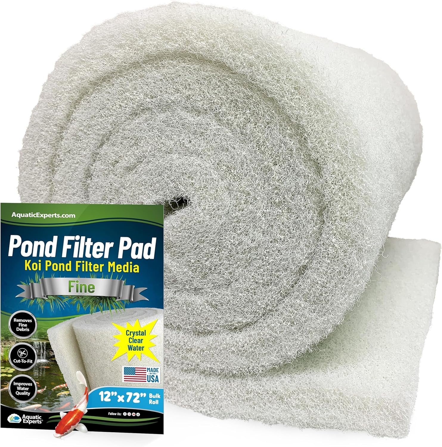 Classic Koi Pond Filter Pad FINE - White Bulk Roll Pond Filter Media, Ultra-Durable Pond Filters for Outdoor Ponds, Reusable Fish Pond Filter Material, USA,  (3/4" - 1" X 12" X 72")