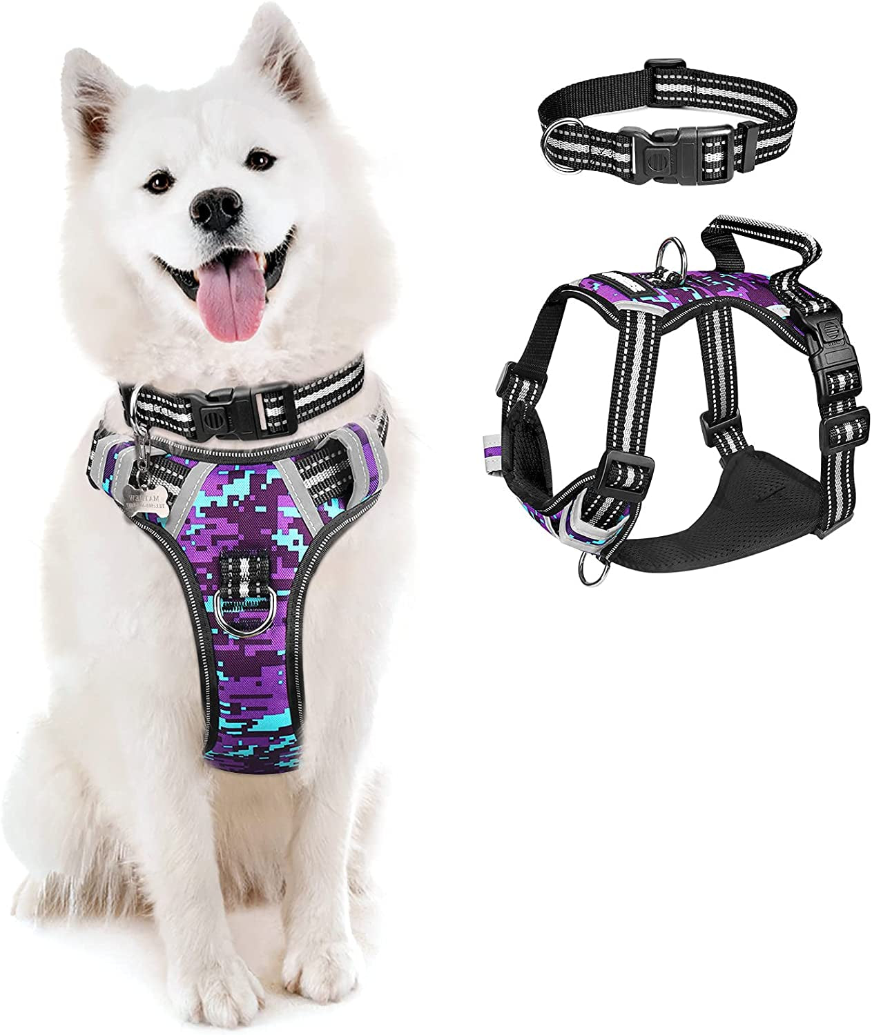 Dog Harness No Pull, Pet Harnesses with Dog Collar, Adjustable Reflective Oxford Outdoor Vest, Front/Back Leash Clips for Small, Medium, Large, Extra Large Dogs, Easy Control Handle for Walking