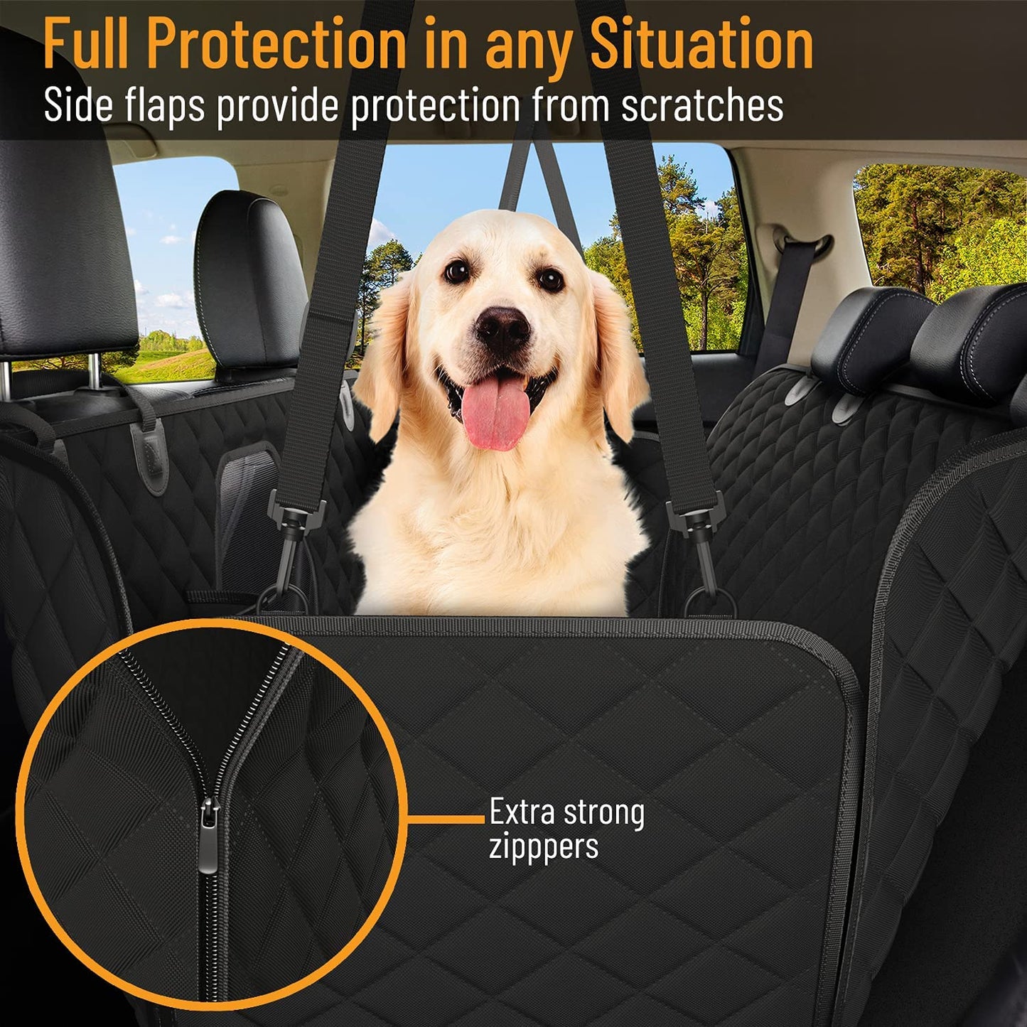 Dog Car Seat Cover for Back Seat, Waterproof Pet Protection Hammock, SUV Truck Car Backseat Protector with Safety Features, Black