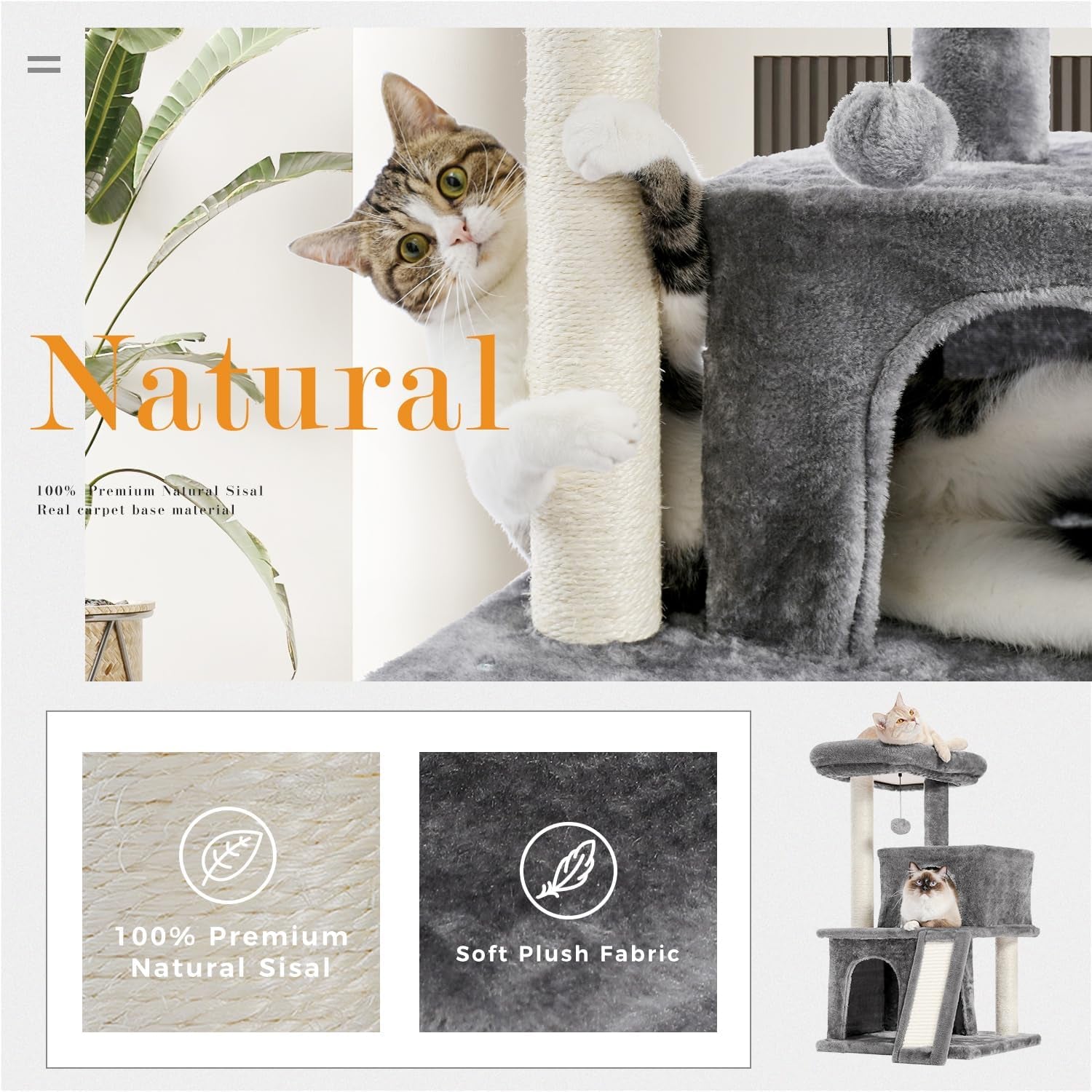 34 Inches Cat Tree Multilevel Cat Tower with Double Condos, Spacious Perch, Fully Wrapped Scratching Sisal Post and Replaceable Dangling Balls Gray