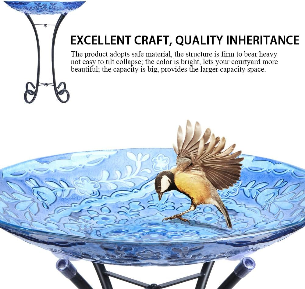 Outdoor Glass Birdbath with Metal Stand for Lawn Yard Garden Decor,18” Dia/21.65 Height