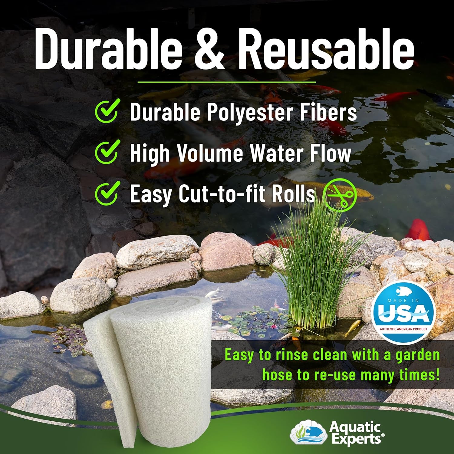 Classic Koi Pond Filter Pad FINE - White Bulk Roll Pond Filter Media, Ultra-Durable Pond Filters for Outdoor Ponds, Reusable Fish Pond Filter Material, USA,  (3/4" - 1" X 12" X 72")