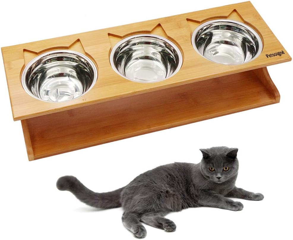 Cat Bowls Pet Dining Table with Raised Slope Wooden Stand Elevated Pet Bowls with Oblique Stand for Cats, Dogs, Kitten and Puppy (3 Bowls, Steel)