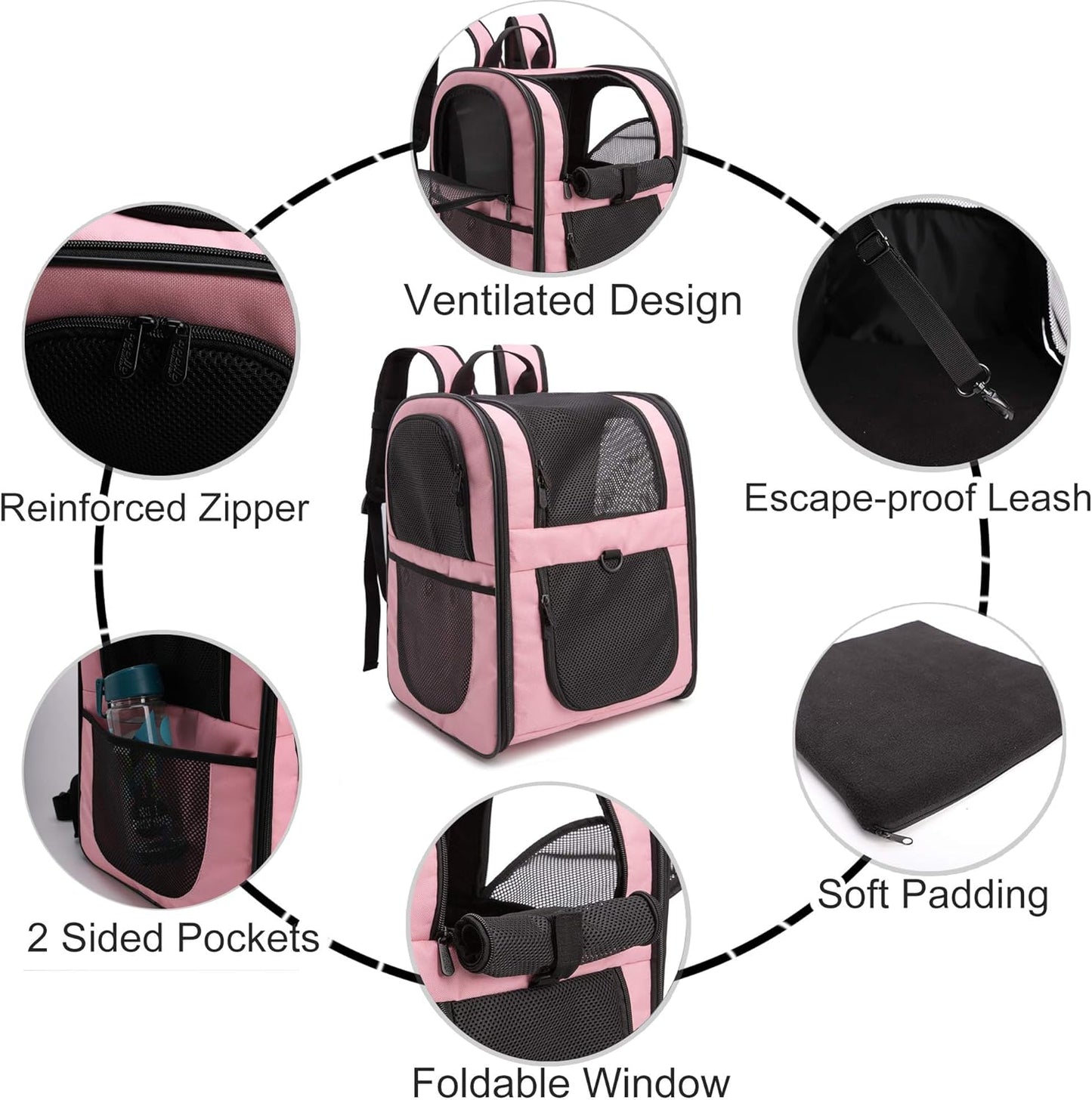 Pet Carrier Backpack for Large/Small Cats and Dogs, Puppies, Safety Features and Cushion Back Support for Travel, Hiking, Outdoor Use (Pink)