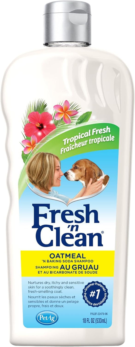 Fresh ’N Clean Oatmeal ’N Baking Soda Shampoo - Tropical Fresh Scent - 18 Oz - Nurtures Dry, Itchy & Sensitive Skin with Vitamin E & Aloe - Strengthens & Repairs Coats - Soap Free