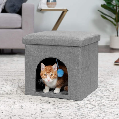 Pet House for Indoor Cats & Small Dogs, Collapsible & Foldable W/ Plush Ball Toy - Living Room Footstool Cat Condo - Stormy Gray, Small