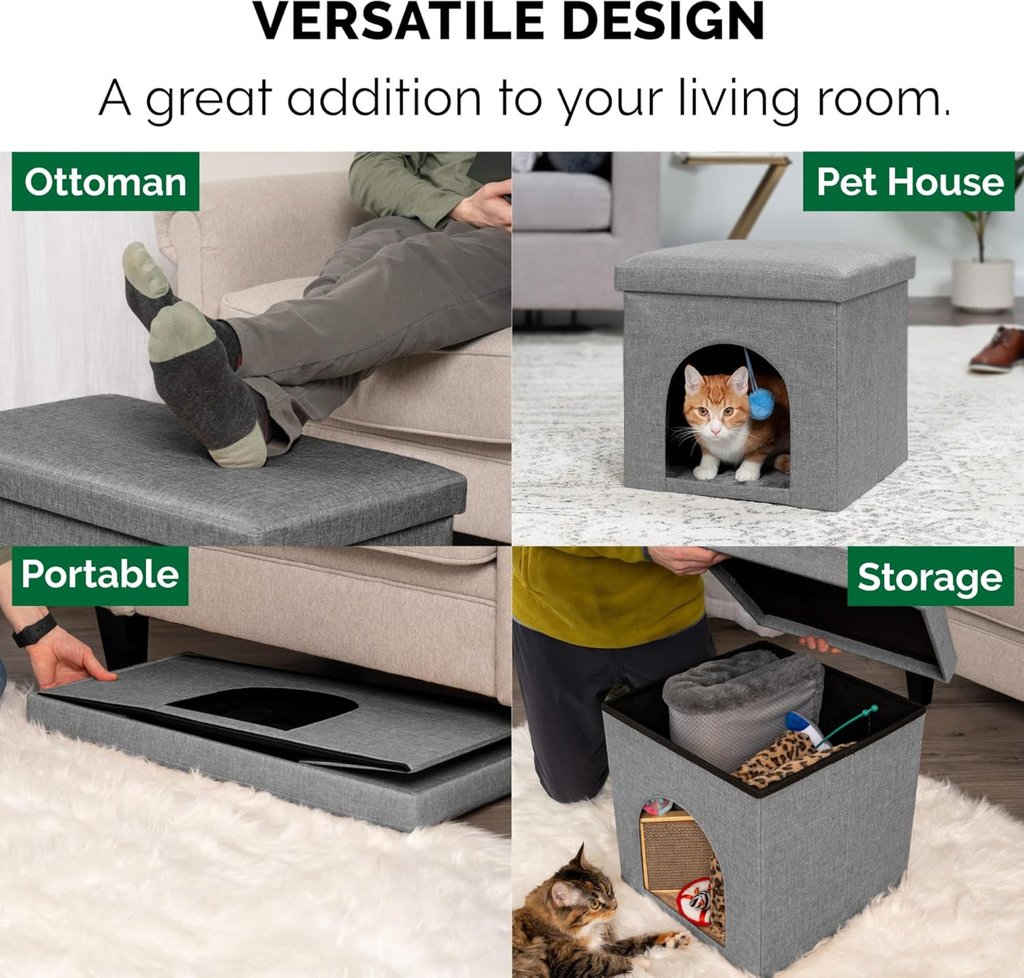 Pet House for Indoor Cats & Small Dogs, Collapsible & Foldable W/ Plush Ball Toy - Living Room Footstool Cat Condo - Stormy Gray, Small