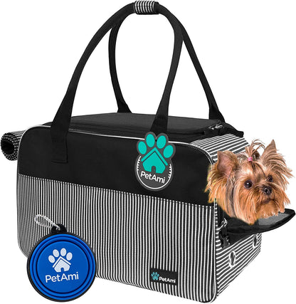 Dog Purse Carrier for Small Dogs, Airline Approved Soft Sided Pet Carrier with Pockets, Ventilated Dog Carrying Bag for Puppy Cat, Dog Travel Supplies Bag, Sherpa Bed, Max 12 Lbs, Stripe Black